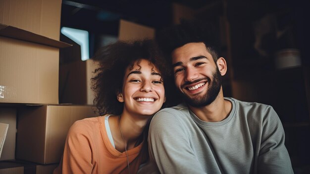 Una coppia diversa seduta tra le scatole che si fa un selfie nella loro nuova casa