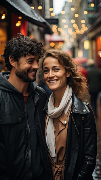 Una coppia diversa, un uomo e una donna che sorridono felici davanti a un negozio in una strada trafficata.