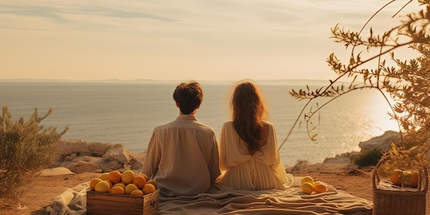 una coppia è in piedi accanto a un cesto di frutta mentre si siedono su una coperta in stile balneare