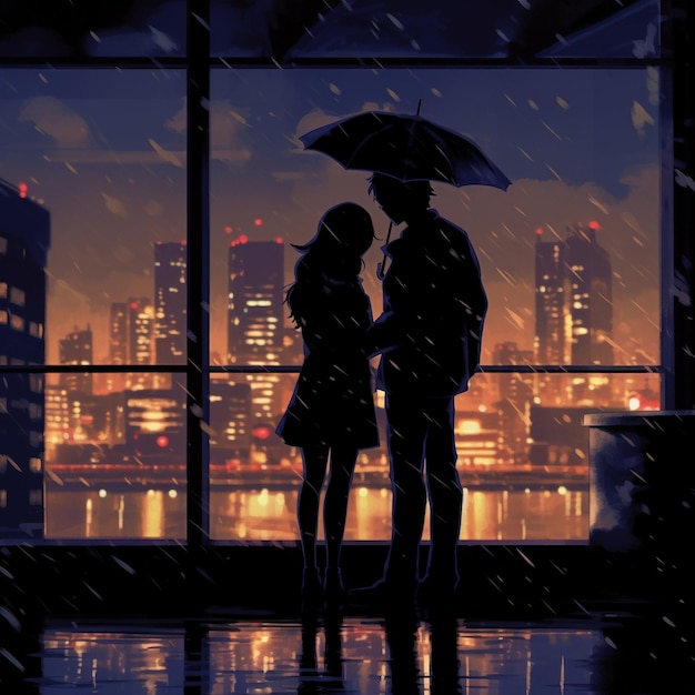 Una coppia è in piedi sotto la pioggia sotto un ombrellone