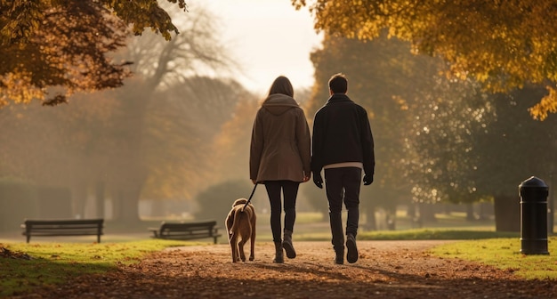 una coppia e un cane che camminano nella foresta