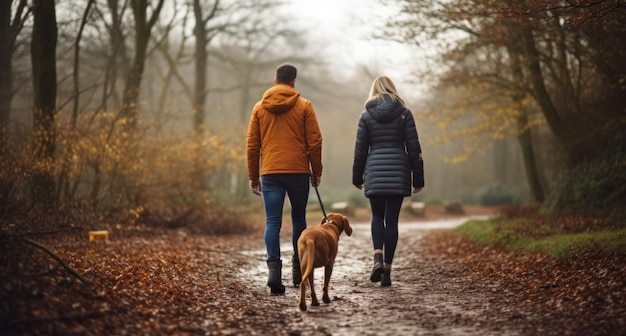 una coppia e un cane che camminano nella foresta