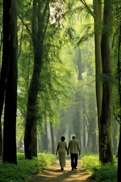 Una coppia fa una piacevole passeggiata nel bosco