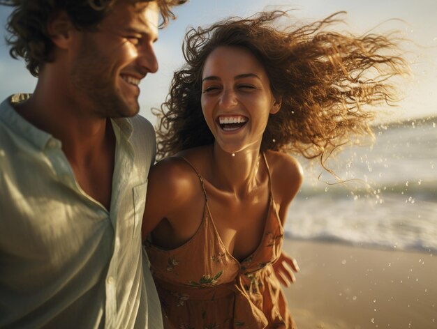 Una coppia felice che corre sulla spiaggia.