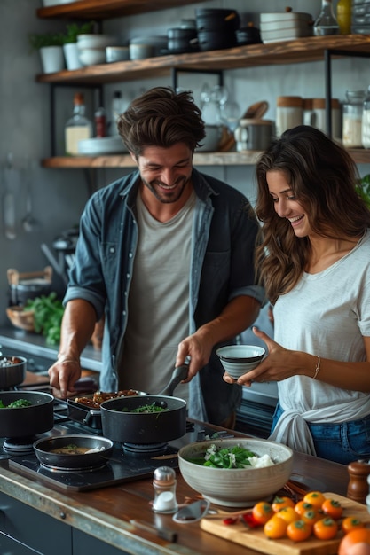 Una coppia felice che cucina il pranzo insieme nella loro cucina moderna a casa, ridendo e divertendosi.