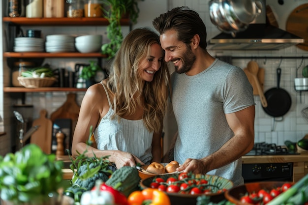 Una coppia felice che cucina il pranzo insieme nella loro cucina moderna a casa, ridendo e divertendosi.