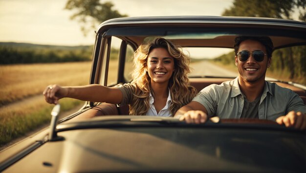 Una coppia felice che guida su una strada di campagna con le mani alzate