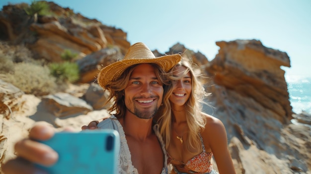 Una coppia felice che si fa un selfie su una spiaggia rocciosa