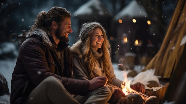 Una coppia felice che si riposa nella foresta coperta di neve arrostisce marshmallows su un fuoco aperto e beve tè caldo