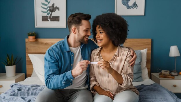 Una coppia felice che sorride dopo aver scoperto un test di gravidanza positivo in camera da letto