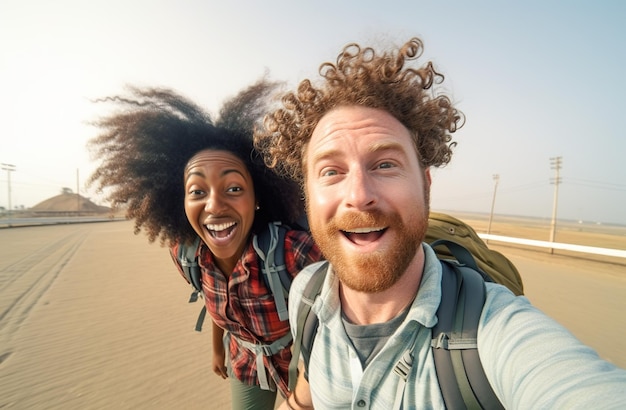 Una coppia felice con i capelli ricci sorridendo e correndo nel deserto