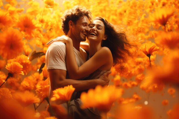 Una coppia felice e innamorata che si abbraccia ridendo in mezzo a fiori d'arancia