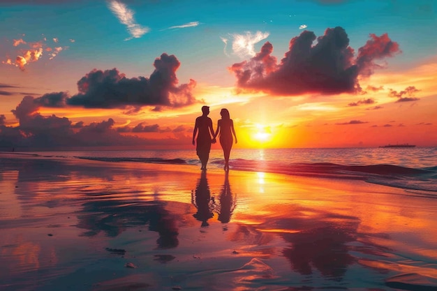 Una coppia felice e romantica che si gode di un bellissimo tramonto sulla spiaggia