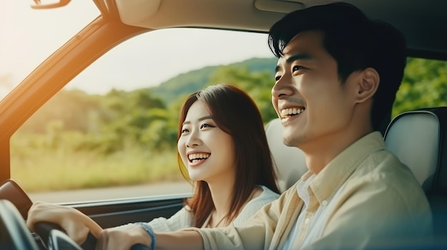 Una coppia felice nella cabina dell'auto sorridente in viaggio con la tecnologia