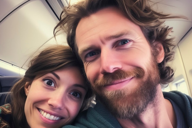 Una coppia felice si fa un selfie prima del volo, fidanzati o nuovamente sposati in viaggio, pronti a volare in aereo intorno al mondo.