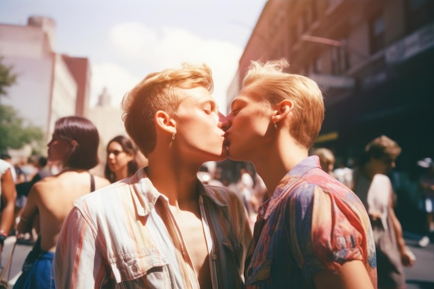 Una coppia gay che bacia e celebra l'amore per strada il giorno dell'orgoglio LGBTQIA Generative AI