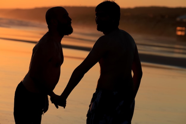 Una coppia gay che passeggia lungo la spiaggia al tramonto