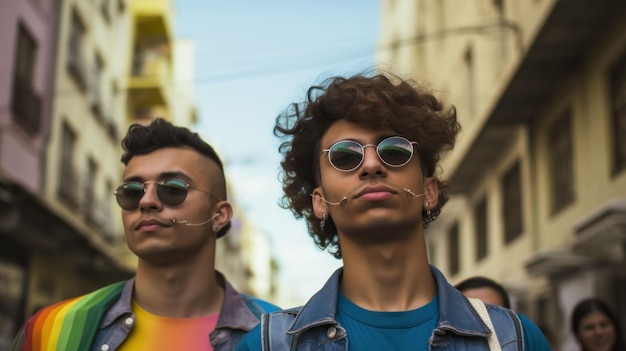 Una coppia gay elegante e dinamica, fiduciosa e coraggiosa, fa una posa sorprendente per la strada della città.