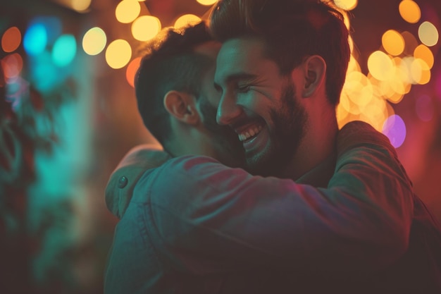 Una coppia gay innamorata che ride insieme generata dall'IA