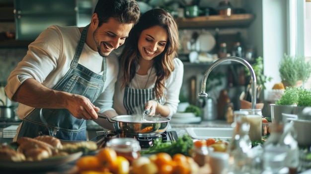Una coppia gioiosa che cucina insieme trasformando le attività quotidiane in momenti di piacere condivisi