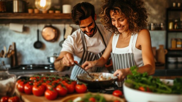 Una coppia gioiosa che cucina insieme trasformando le attività quotidiane in momenti di piacere condivisi