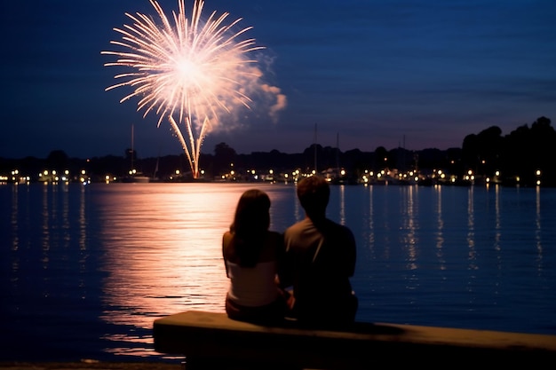 Una coppia guarda i fuochi d'artificio al Lakefront Park di Grand Rapids, nel Michigan.