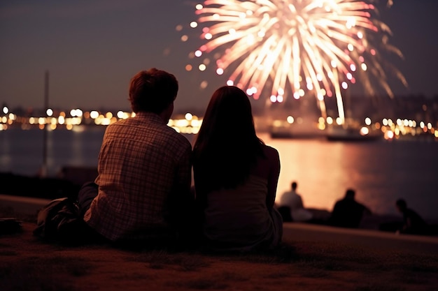 Una coppia guarda i fuochi d'artificio sulla spiaggia di New York.
