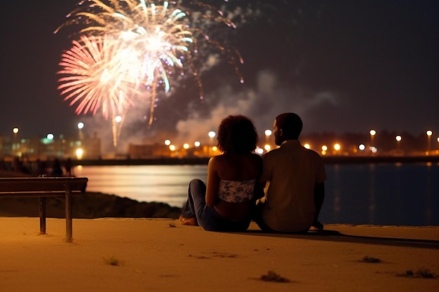 Una coppia guarda i fuochi d'artificio sulla spiaggia di notte.