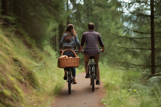 Una coppia in bicicletta su un sentiero forestale con un cesto da picnic