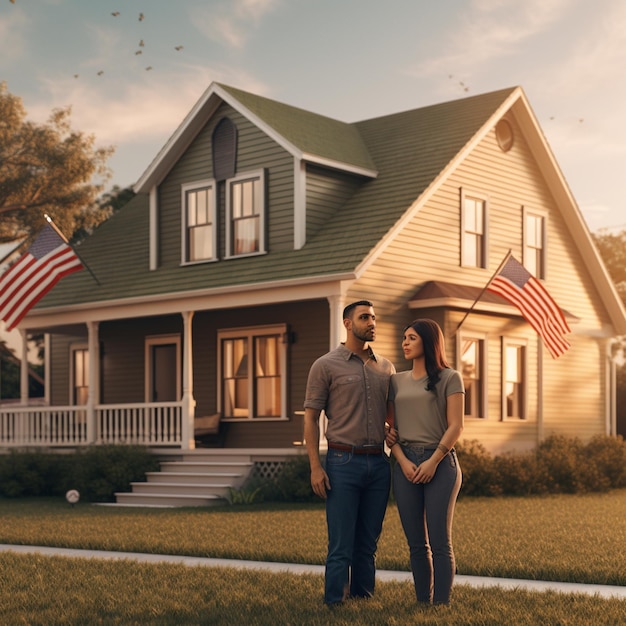 Una coppia in piedi davanti a una casa con la scritta "la casa è di fronte".