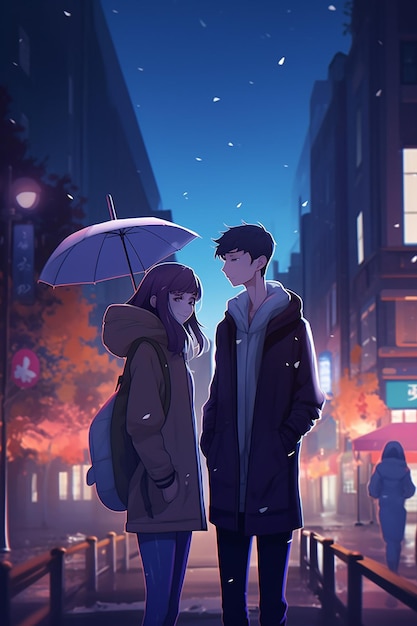 Una coppia in piedi in strada sotto un ombrello
