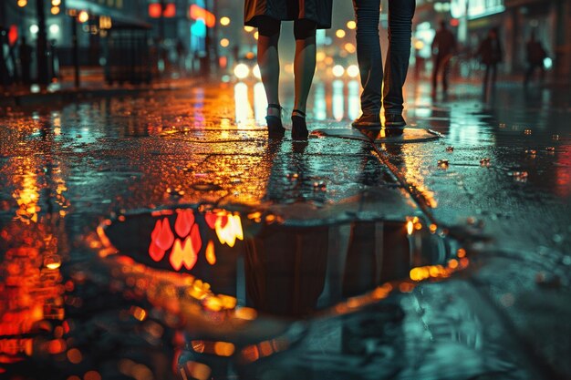una coppia in piedi su un marciapiede bagnato sotto la pioggia