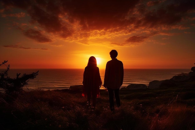 una coppia in piedi su una collina con il sole alle spalle