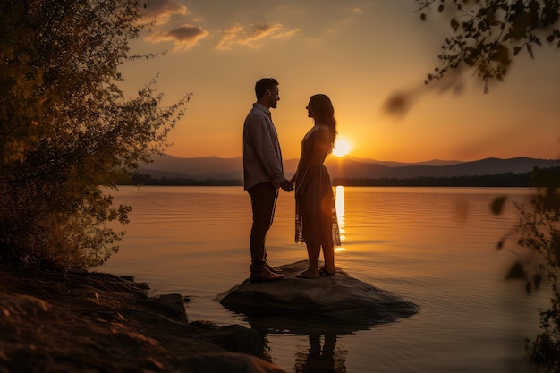 Una coppia in piedi vicina l'una all'altra davanti a un lago