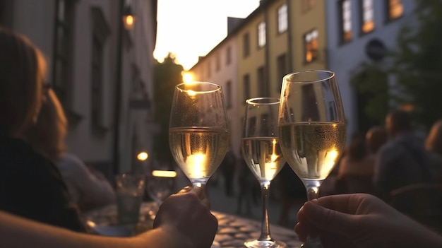 Una coppia in possesso di bicchieri di vino sta brindando con lo champagne.