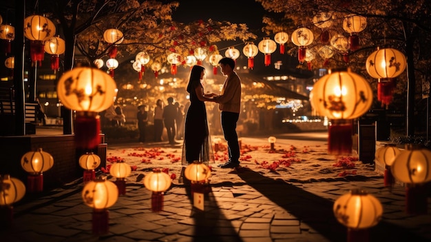 una coppia in un giardino di notte con lanterne e lanterne