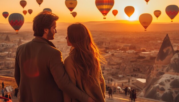 Una coppia innamorata che guarda una mongolfiera al tramonto