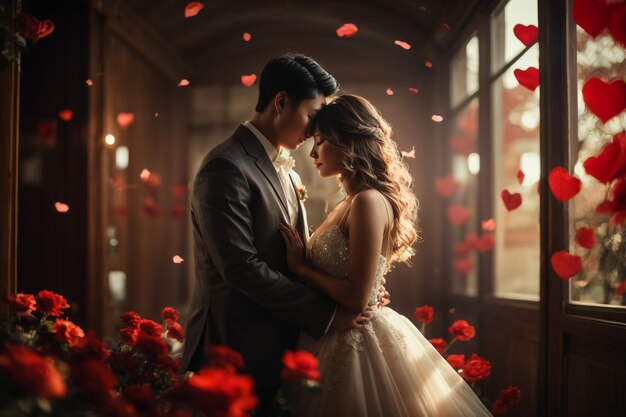 Una coppia innamorata che si bacia sullo sfondo di una finestra panoramica con vista sulla città romantica per i rom
