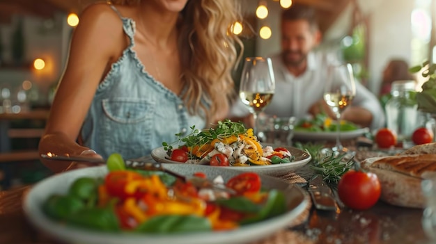 Una coppia innamorata che si diverte a cucinare e a mangiare insieme in una cucina moderna