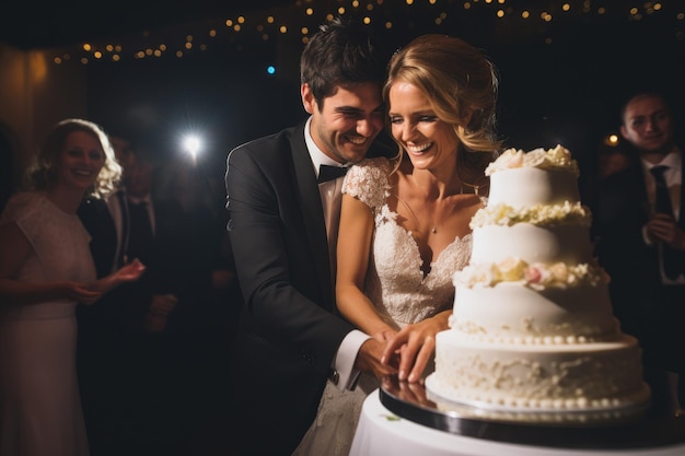 Una coppia innamorata commemora il giorno del loro matrimonio tagliando con gioia la loro torta nuziale La sposa e lo sposo tagliano la loro maestosa torta nuziali Generata dall'AI