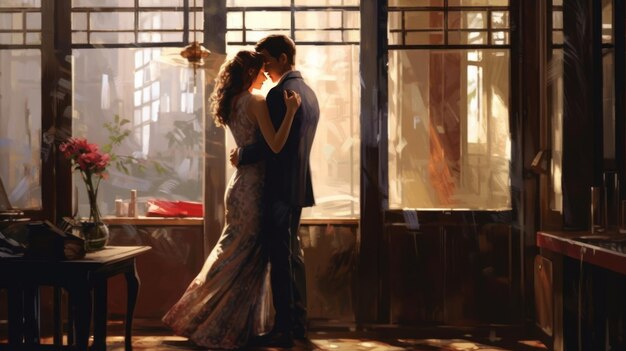 Una coppia innamorata si abbraccia davanti a una finestra.
