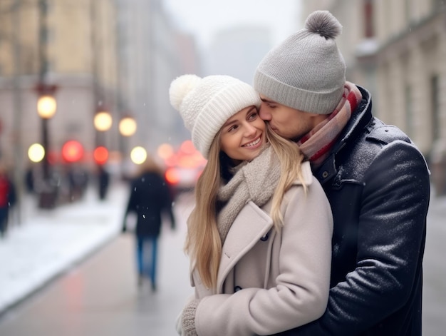 Una coppia innamorata si sta godendo una romantica giornata invernale.