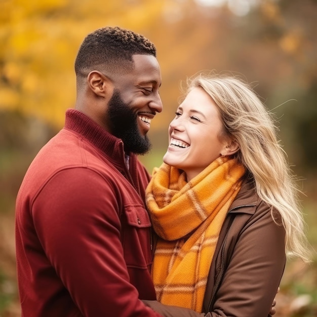 Una coppia interrazziale amorevole si sta godendo una romantica giornata autunnale