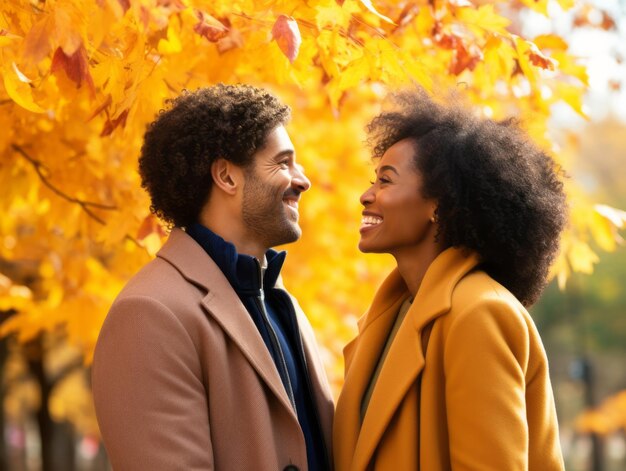 Una coppia interrazziale amorevole si sta godendo una romantica giornata autunnale