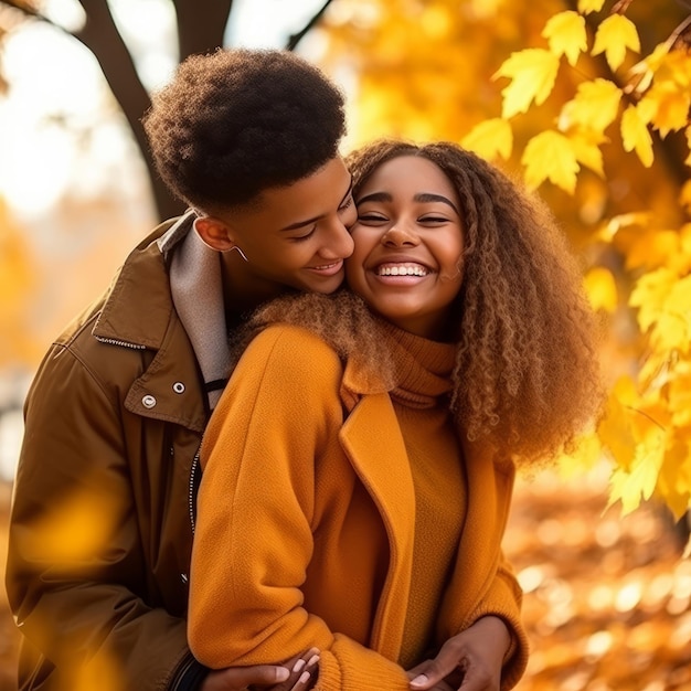 Una coppia interrazziale di adolescenti innamorati si sta godendo una romantica giornata autunnale