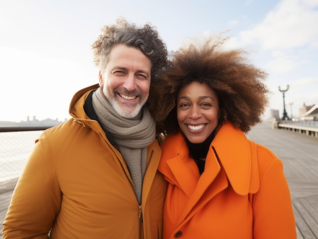 Una coppia interrazziale si sta godendo una romantica giornata invernale.