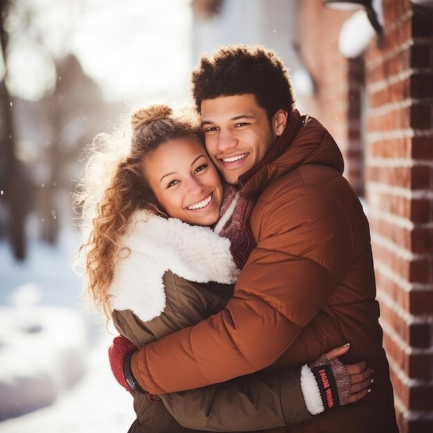 Una coppia interrazziale si sta godendo una romantica giornata invernale.