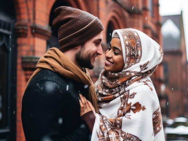 Una coppia interrazziale si sta godendo una romantica giornata invernale.