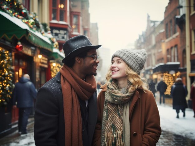 Una coppia interrazziale si sta godendo una romantica giornata invernale.