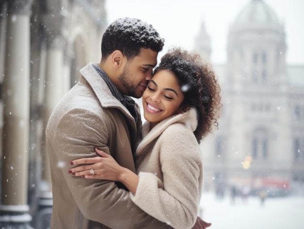 Una coppia interrazziale si sta godendo una romantica giornata invernale.